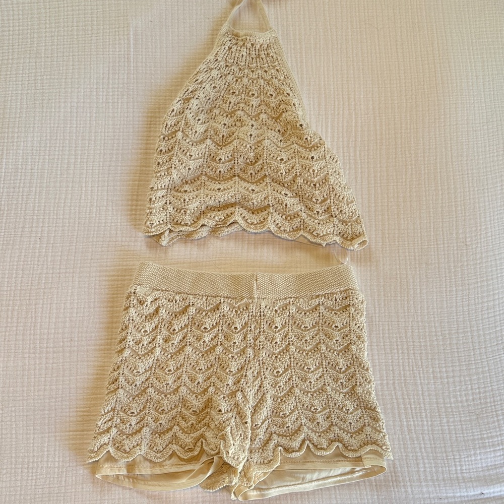 Pink Rose Cream Crochet Halter Top and Shorts Set